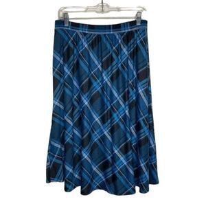 Laura Scott Blue Black Plaid High Rise Midi A Line Stretch Skirt M Rayon‎ Blend